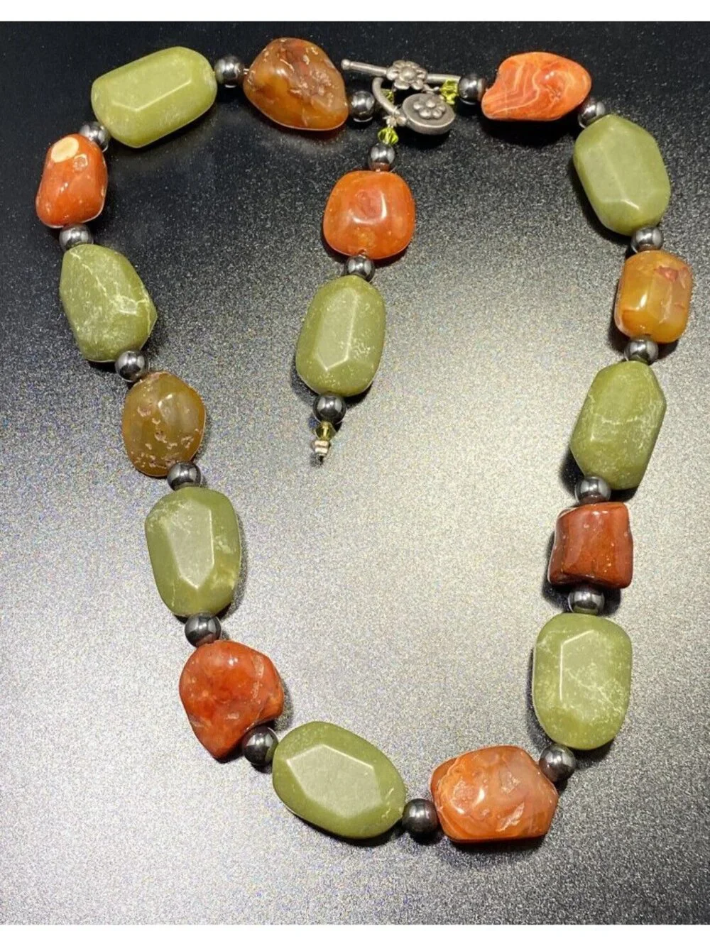 925 Multi Gemstone Toggle Necklace Floral Closure Agate Carnelian Beaded